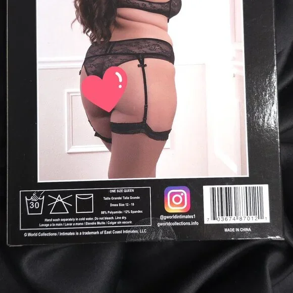 G World Intimates Plus Size Black Lace 3pc Strappy Garter Lingerie Set OS Queen - Picture 5 of 7